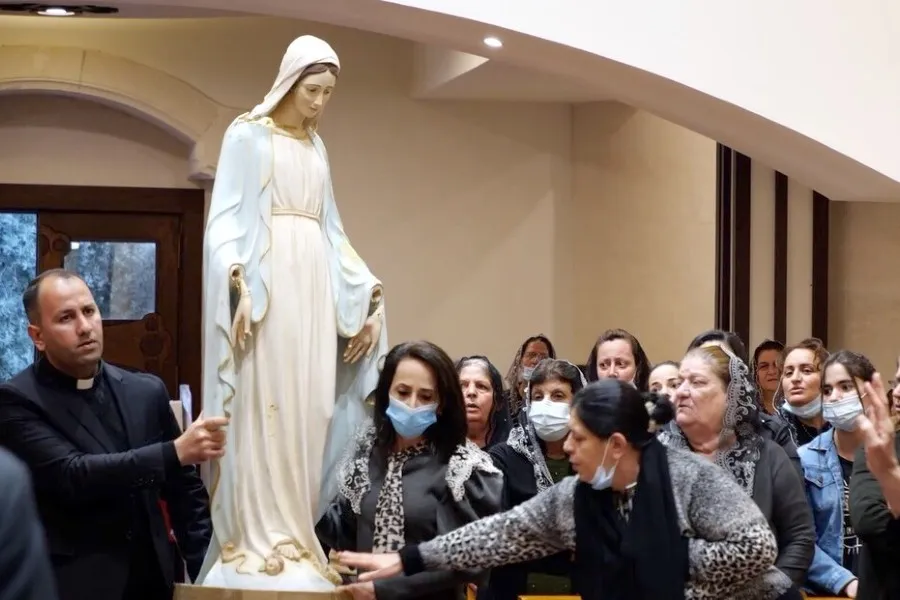March 26, 2021: The restored image of the Virgin Mary destroyed by ISIS returned to its original parish in Iraq.?w=200&h=150